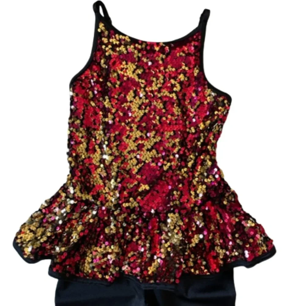 Black Unitard with red & gold sequins.Dance/Performance Costume.  Size M